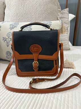 Dooney & Bourke Navy and Tan Leather Crossbody Satchel